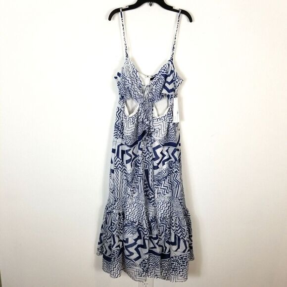 Aqua Women Printed Cutout Halter Midi Dress Blue White Spaghetti Straps L - Picture 1 of 4